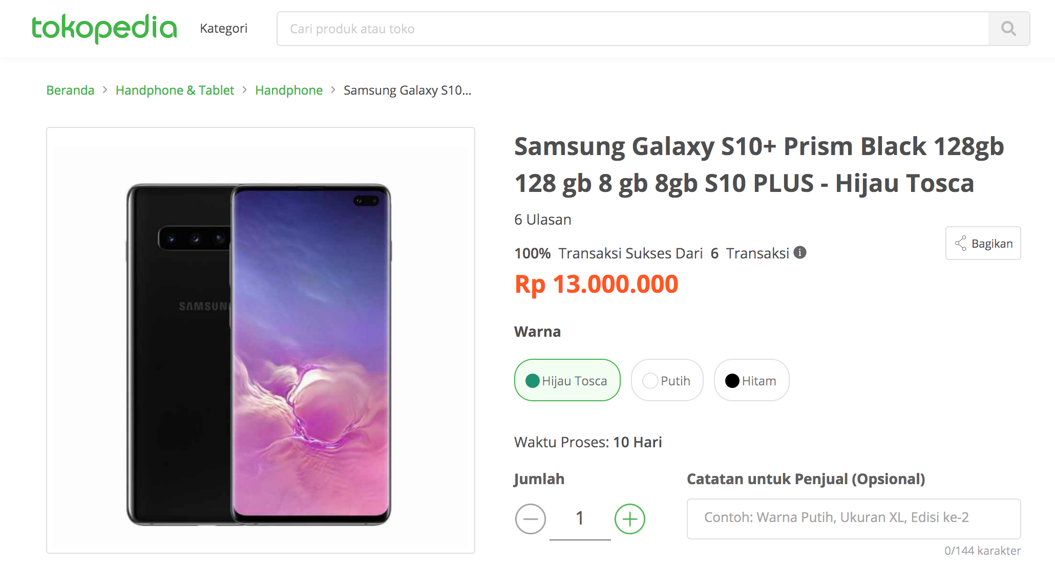 Penjualan Samsung Galaxy S10+ di Tokopedia