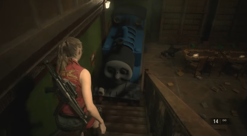 Claire Redfield melawan Mr. X yang berubah menjadi Kereta Thomas di Resident Evil 2 Remake