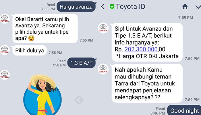 Respon chatt Tarra, saat ditanya harga Toyota Avanza