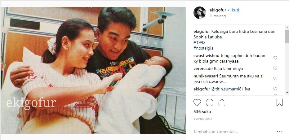 Sophia Latjuba dan Indra Lesmana saat putri mereka,  Eva Celia Latjuba lahir.