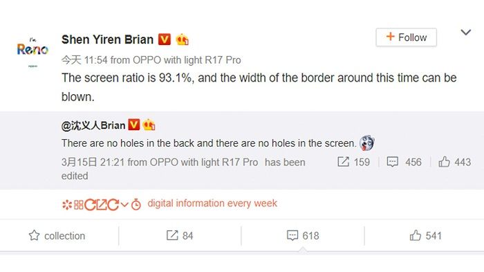 Oppo Reno punya rasio screen-to-body 93,1%