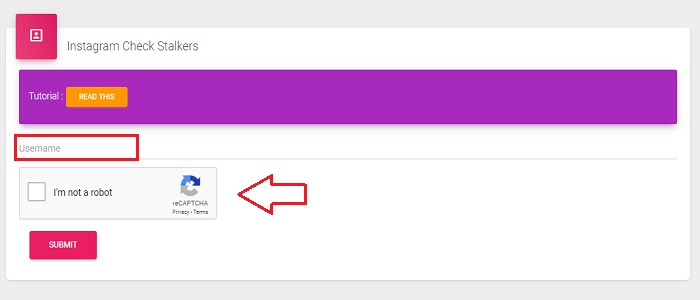 Isi nama akun Instagram anda, klik kolom captcha, lalu pilih submit