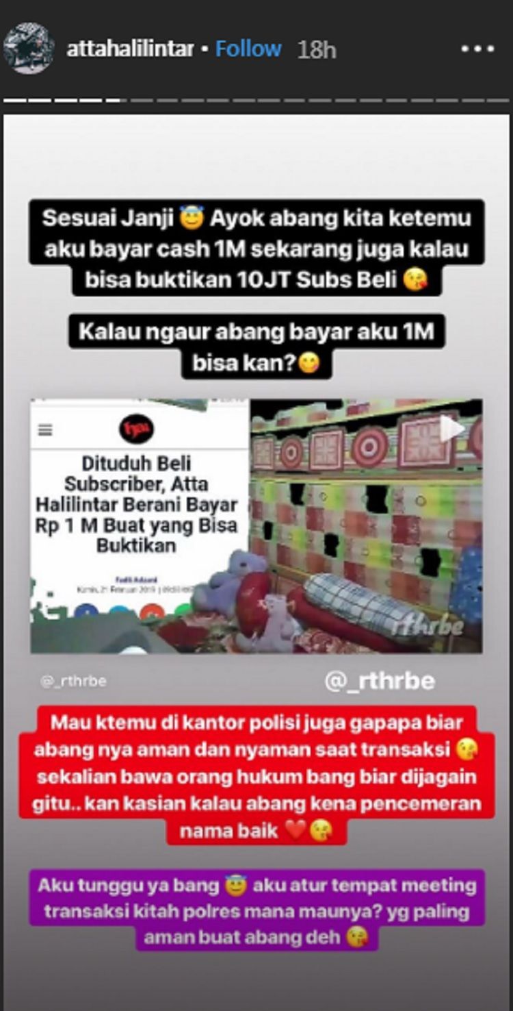 Unggahan instastory Atta Halilintar