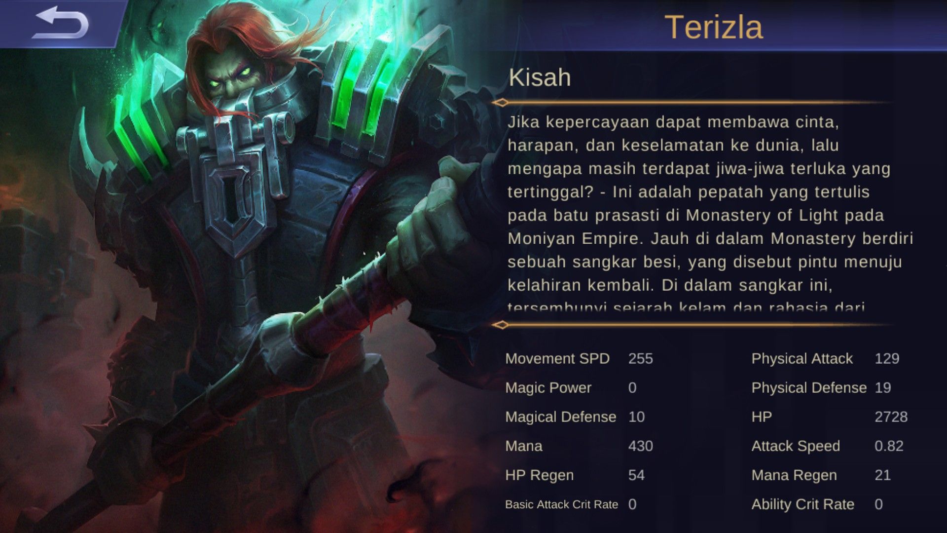 Latar belakang hero baru Mobile Legends, Terizla