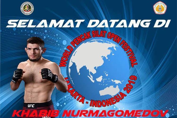 Poster Festival Pencak Silat Dunia 2019 yang menjanjikan Khabib Nurmagomedov sebagai bintang tamu.