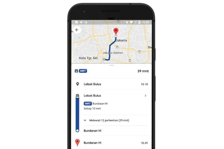 Tampilan antarmuka fitur Transit di Google Maps menunjukkan rute perjalanan MRT Jakarta.