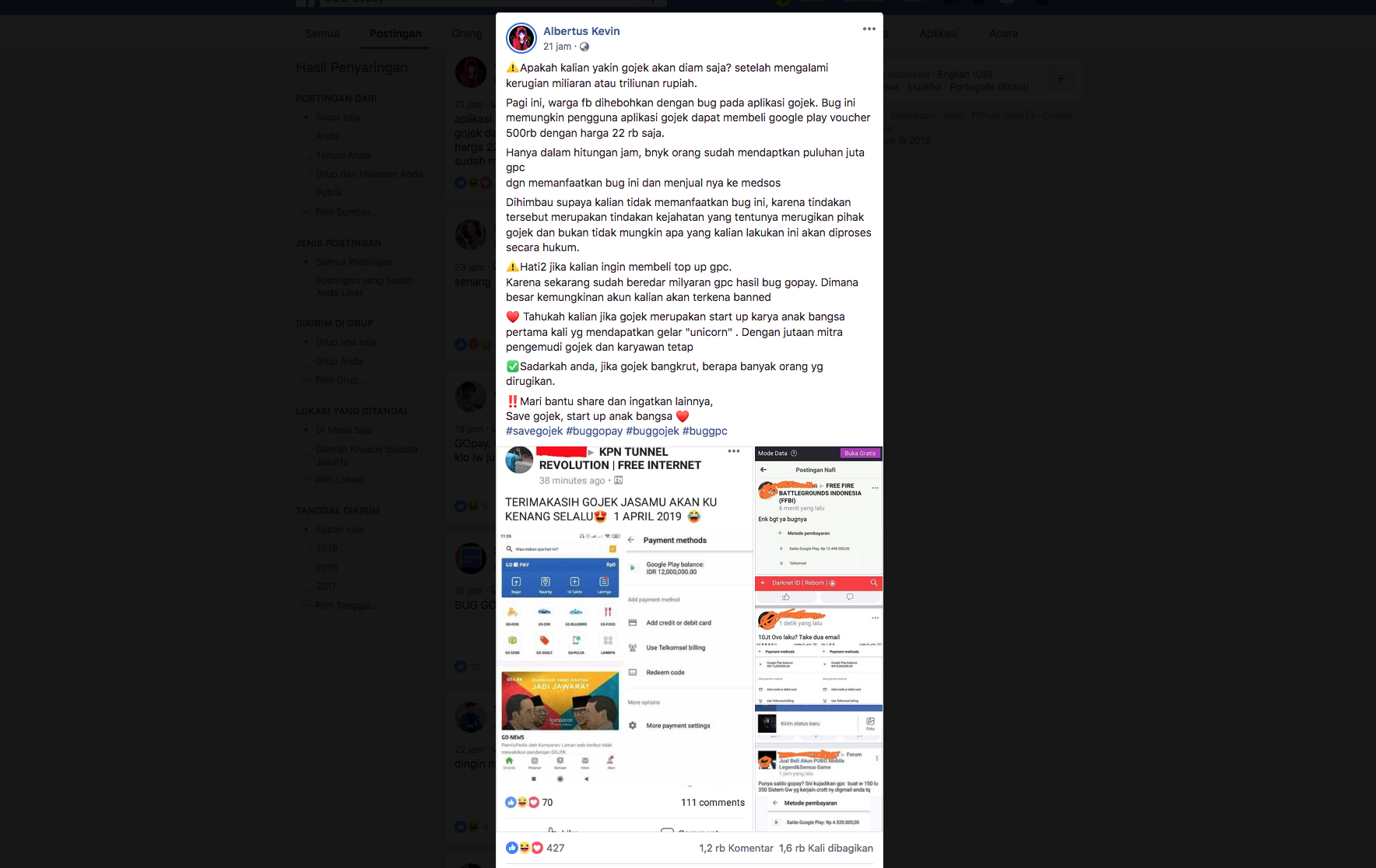 Postingan Netizen Facebook Tentang Bug GO-PAY