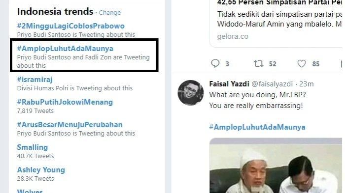 Tagar AmplopLuhutAdaMaunya Trending Twitter pada Rabu (3/4/2019)