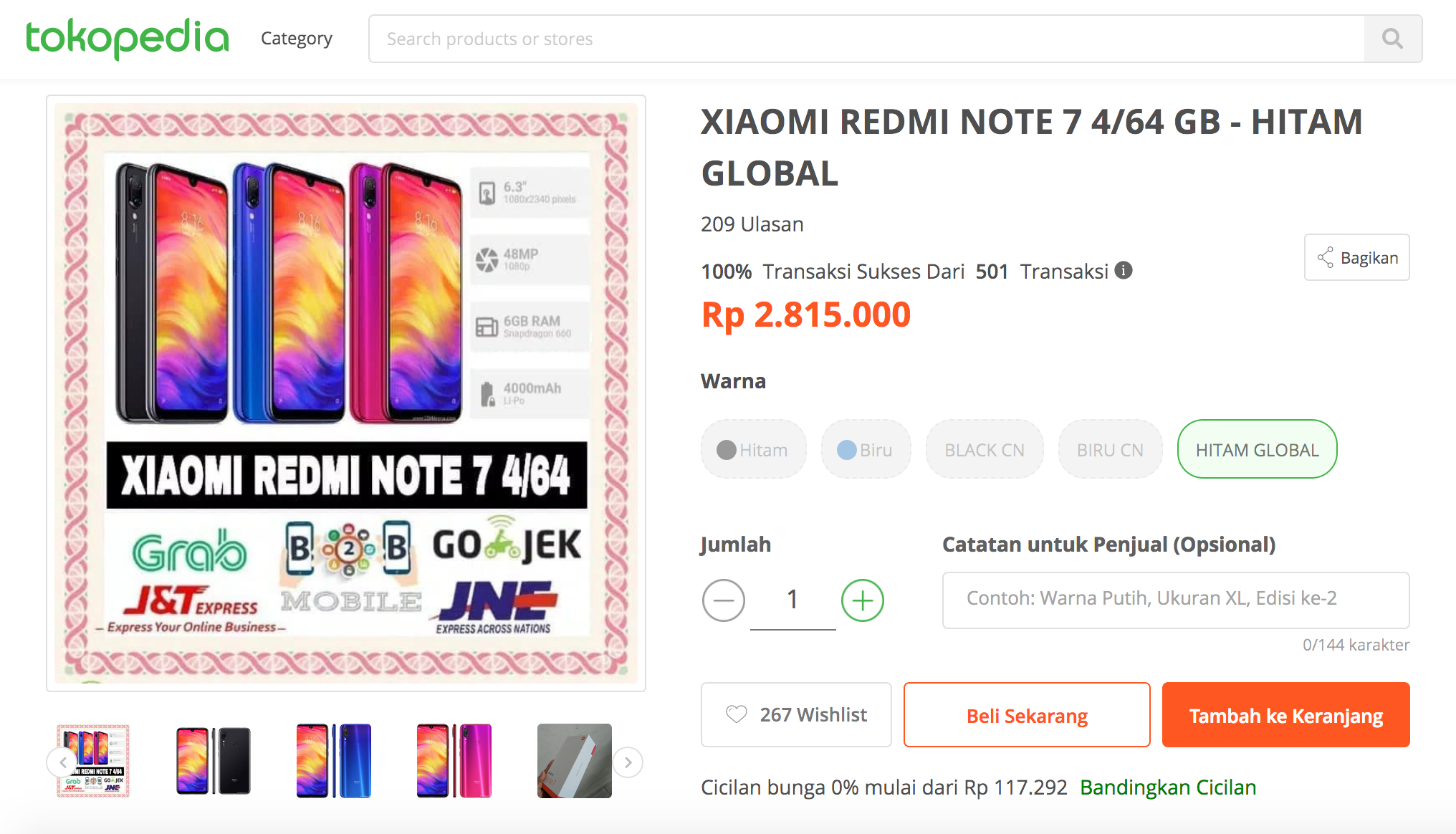 Penjualan Redmi Note 7 di Tokopedia