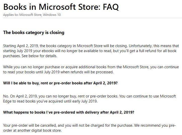 Pengumuman penghentian penjualan e-book di Microsoft Store