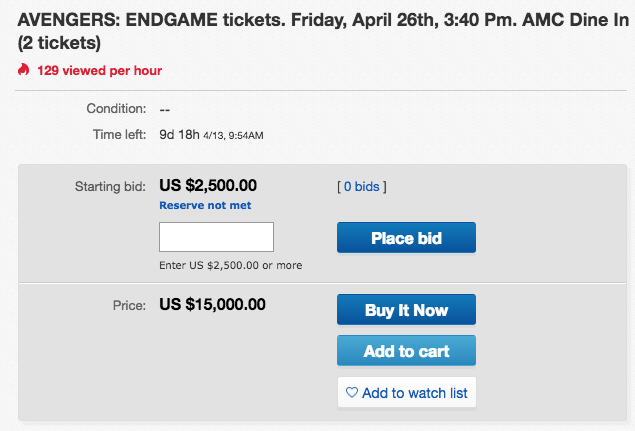 Tiket nonton Avengers: Endgame yang dijual di eBay