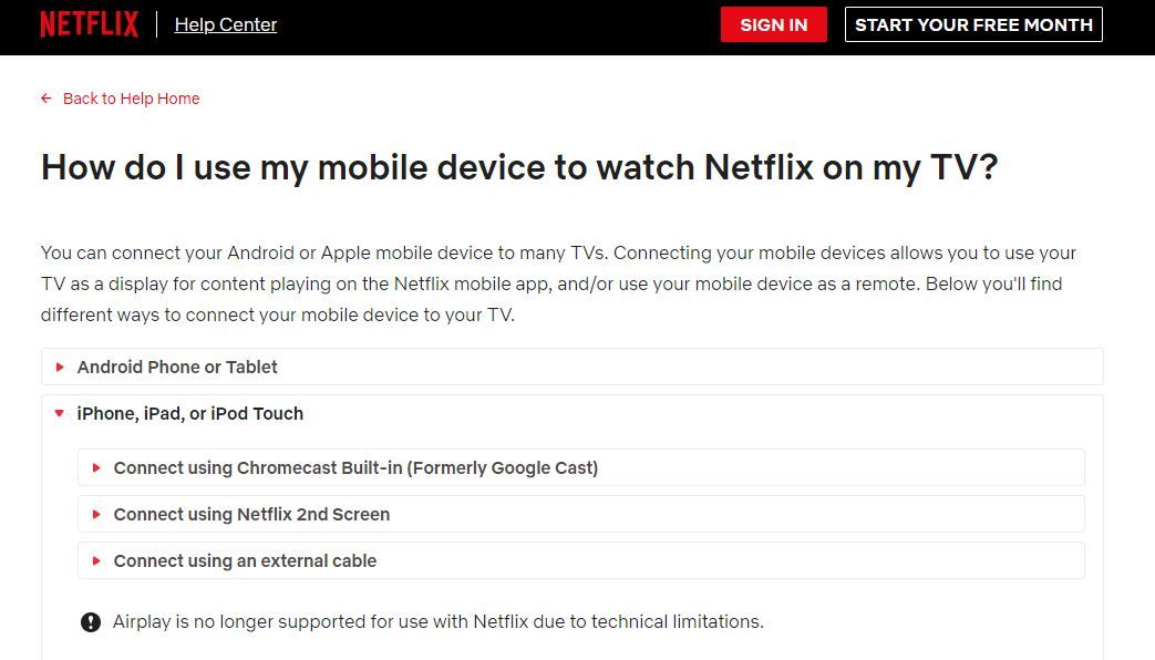 Laman support and help Netflix menuliskan tidak lagi mendukung AirPlay