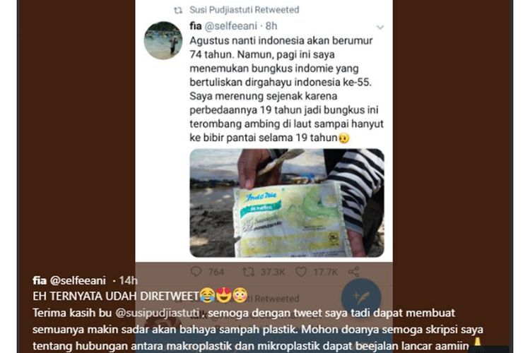 Foto sampah plastik bungkus Indomie bertuliskan Dirgahayu 55 Tahun Indonesiaku ditemukan di Pantai Sendang Biru di selatan Kabupaten Malang, Jawa Timur, viral di media sosial. Kicauan ini di-retweet oleh Menteri Kelautan dan Perikanan Susi Pudjiastuti.