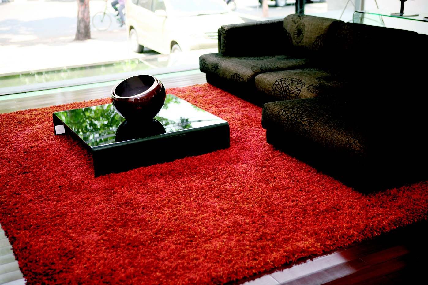 Polos, warna kontras dengan warna sofa, kehadiran karpet jadi point of interest pada ruang. 