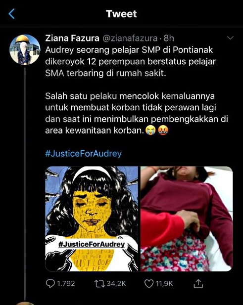 Tagar #JusticeForAudrey viral di media sosial.