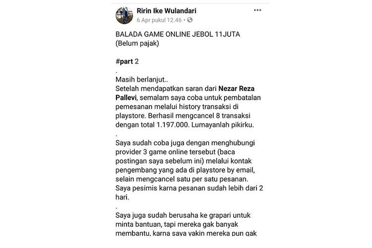 Screenshoot curhatan Ririn Ike Wulandari (37), seorang ibu di Kediri, Jawa Timur yang mendapat tagihan pembayaran game online anaknya hingga lebih dari Rp 11 juta, di akun Facebooknya