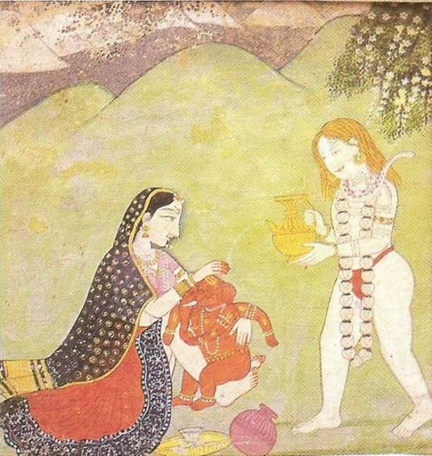 Dewa Siwa dan Dewi Parvati memandikan Ganesha