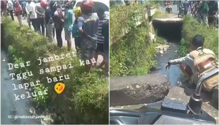 Seorang jambret bersembunyi dalam gorong gorong dan tak berani keluar saat sudah dikepung oleh warga.