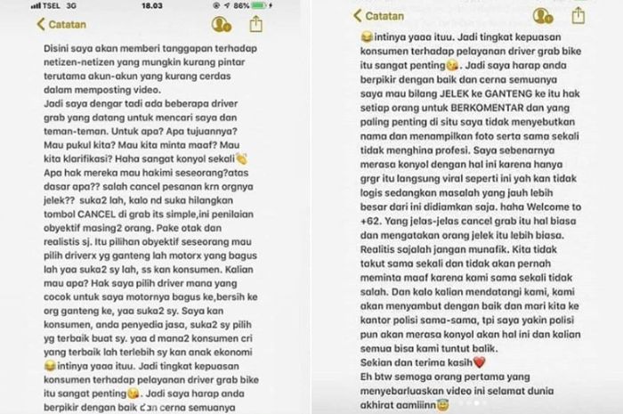 Klarifikasi dari wanita yang menghina ojek online jelek.