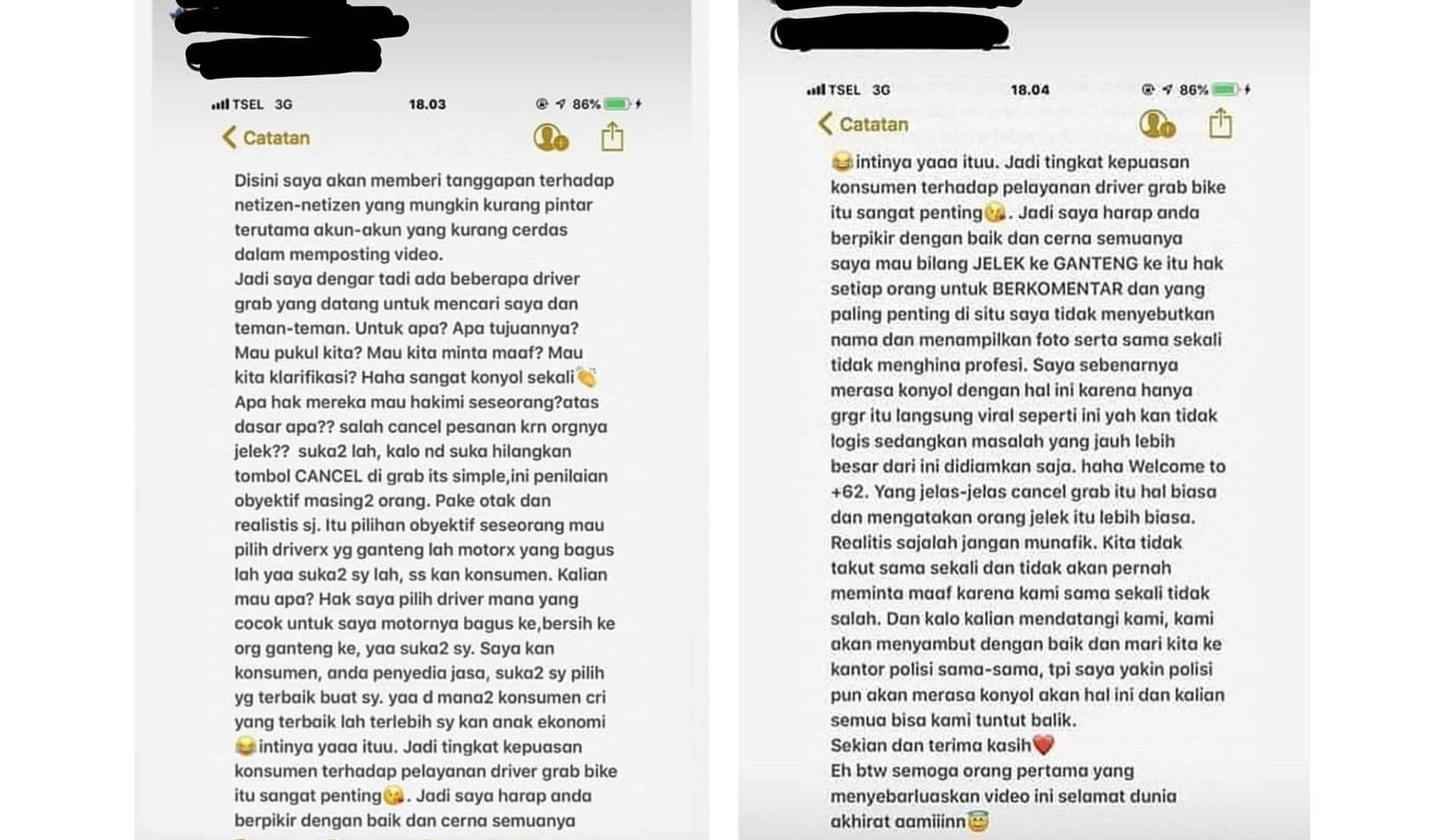 Klarifikasi tertulis cewek yang cancel pesanan ojol hanya karena berwajah jelek