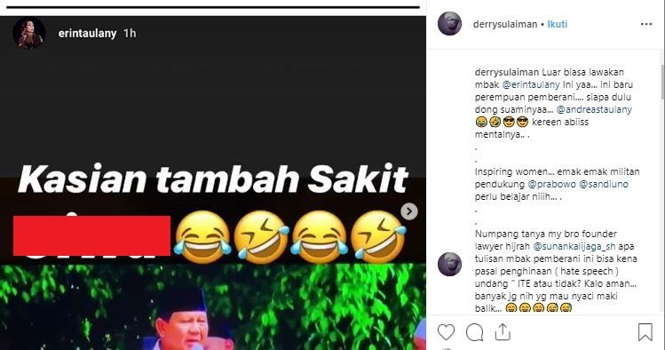 Unggahan ustaz Derry Sulaiman yang memposting tangkap layar instastory Erin Taulany. 