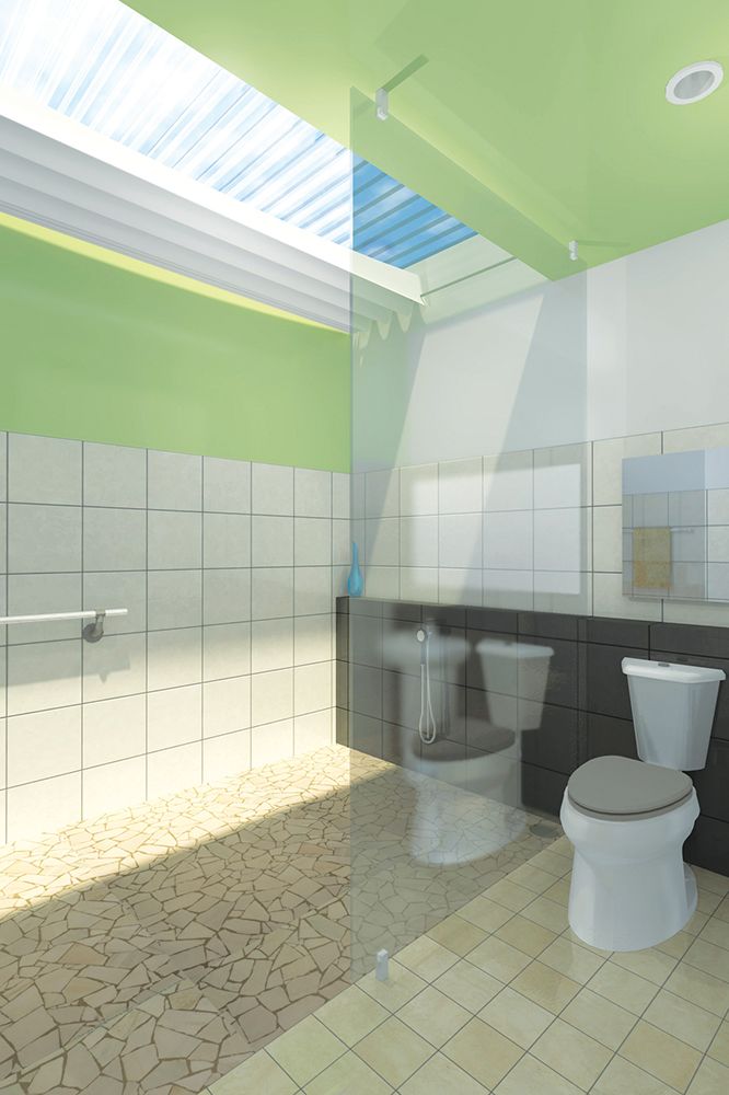 Konsep kamar mandi kering membagi 2 area dan menggunakan atap transparan sebagai jalur cahaya alami yang dilengkapi kerai penutup.