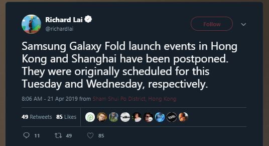 Editor Engadget, Richard Lai menyebutkan Samsung akan menunda peluncuran Galaxy Fold