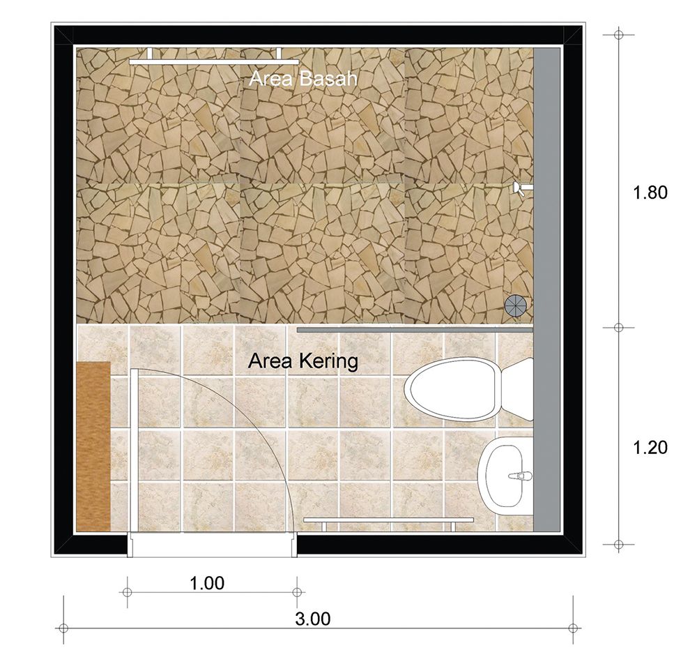 Layout denah kamar mandi kering dengan asumsi luas 9 m2, dengan lebar daun pintu minimal 1 m sehingga bisa dilalui pengguna kursi roda.