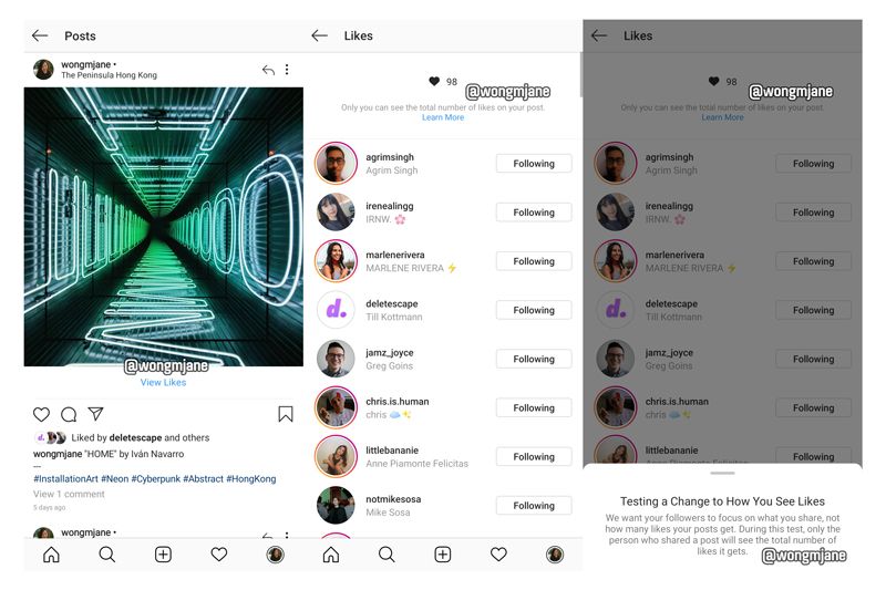 Tampilan fitur uji coba untuk sembunyikan Likes di Instagram