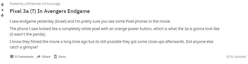 Dalam forum Reddit, seorang pengguna mengaku melihat Google Pixel 3a