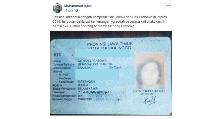 Viral di Facebook Pria Bernama 'Menang Prabowo' 