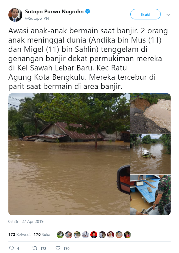 Unggahan Sutopo soal banjir Bengkulu