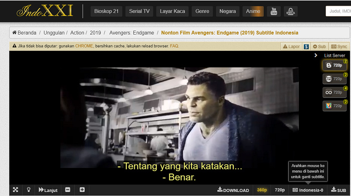 Screenshot film bajakan Avengers: End Game di situs IndoXXI