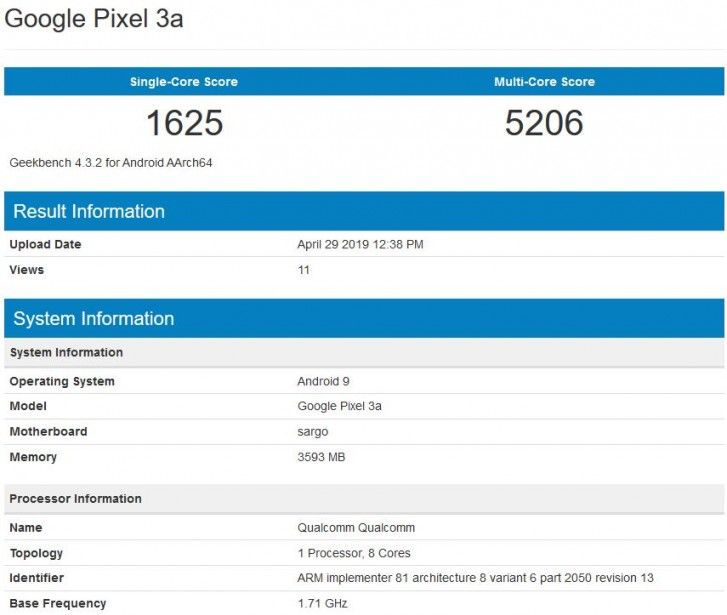 Hasil uji Google Pixel 3a oleh Geekbench