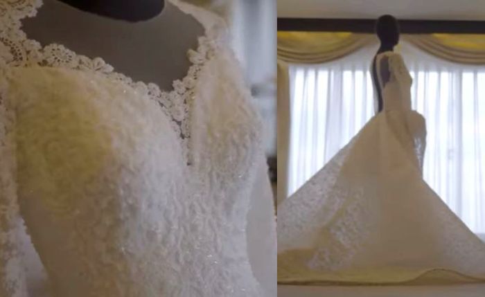 Gaun mewahyang dipakai Syahrini saat acara resepsi pernikahan rancangan desainer Sebastian Gunawan