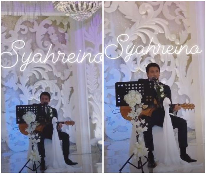 Reino Barack membawakan lagu milik sang istri, Syahrini dengan petikan gitar dalam acara gala dinner.