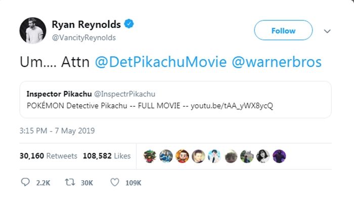 Kerjai Penggemar, Ryan Reynolds 'Bocorkan' Film Lengkap Pokemon Detective Pikachu di Youtube