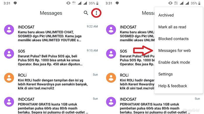 cara memindai kode QR-nya, dengan membuka memilih opsi Messages for web