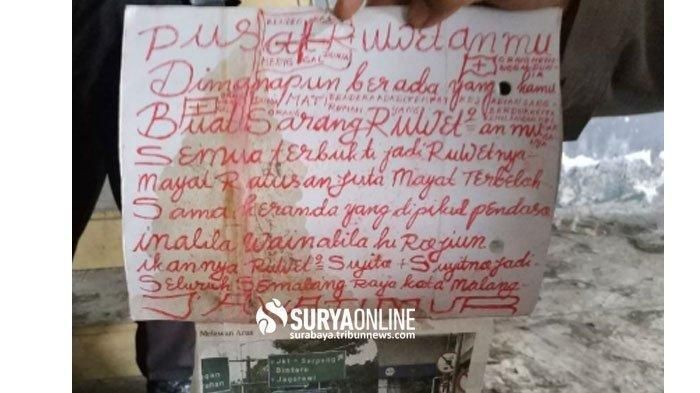 surat yang diduga ditulis oleh pelaku mutilasi di Pasar Besar Kota Malang (SURYA.co.id)  