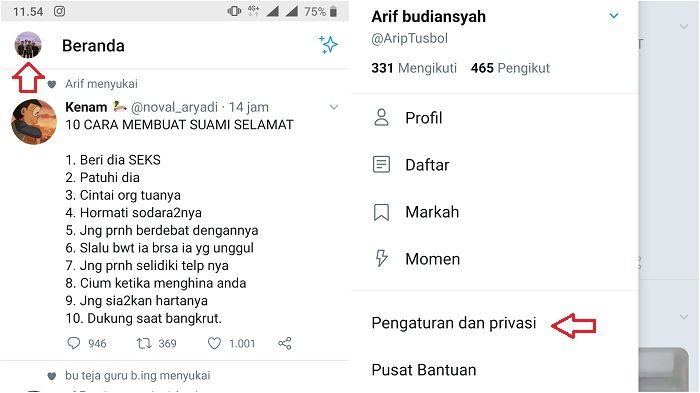 Masuk ke pengaturan dan privasi