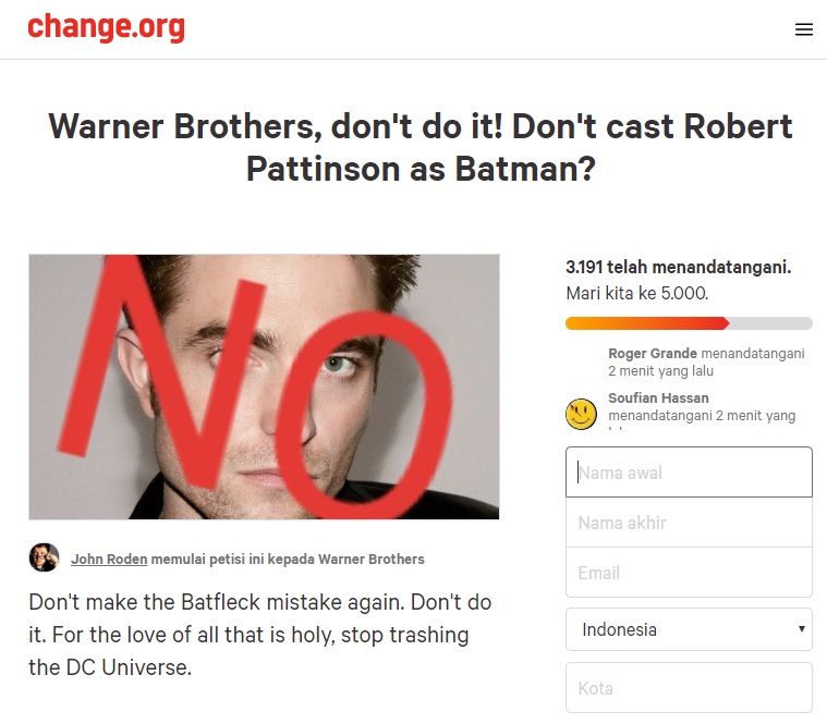 Petisi online tolak Robert Pattinson perankan Batman