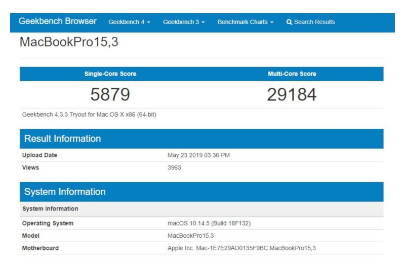 Nilai MacBook Pro 2019 pada GeekBench