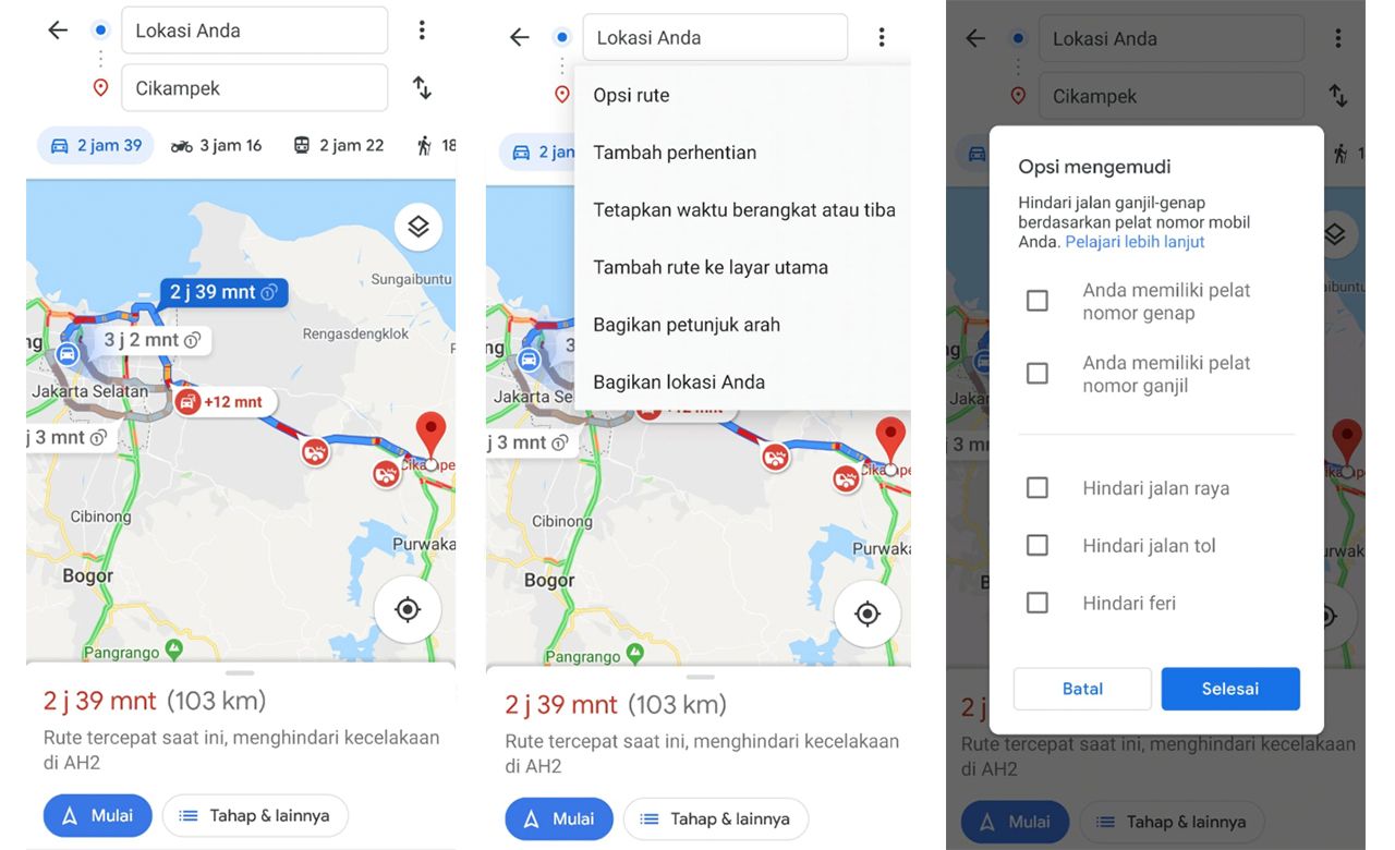 Tampilan cara mengubah opsi di Google Maps
