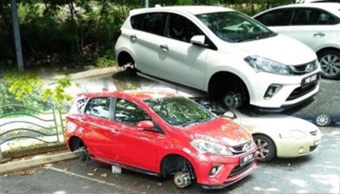 Ban dan pelek  city car Perodua Myvi yang diparkir di apartemen jadi incaran maling.