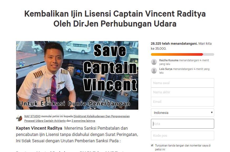 Petisi dukungan untuk Kapten Vincent Raditya