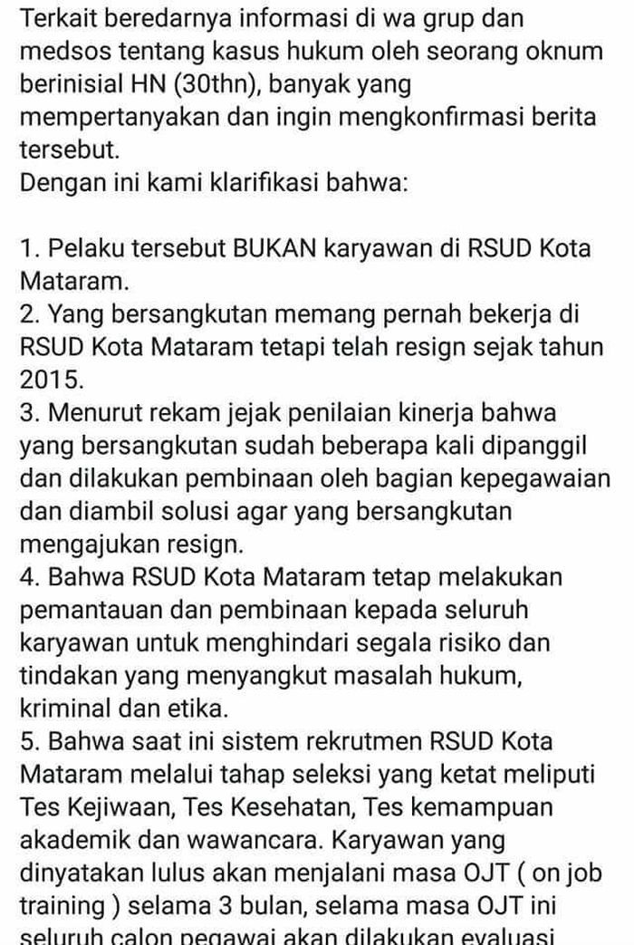 Pelaku sudah tidak bekerja di RSUD Kota Mataram