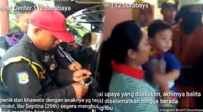 Petugas Command Center 112 Surabaya selamatkan bayi terkunci dalam Toyota Avanza di Surabaya (6/6/2019).