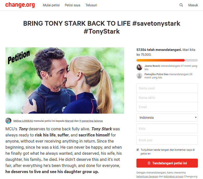 Petisi untuk hidupkan kembali Tony Stark