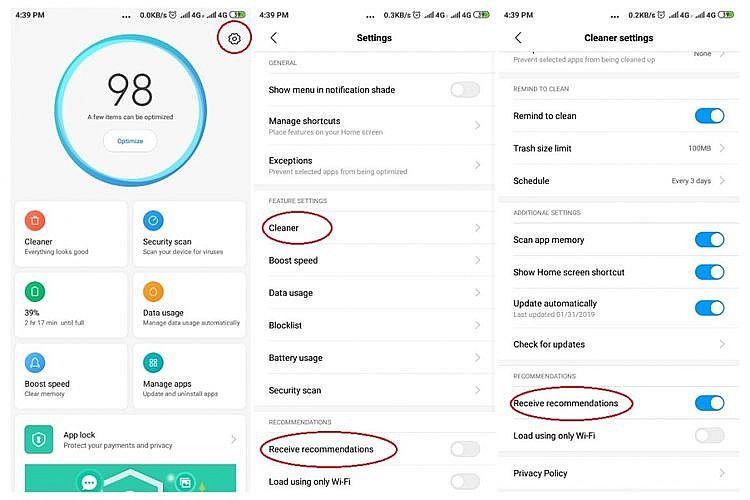 Ilustrasi mematikan fitur rekomendasi di MIUI Security