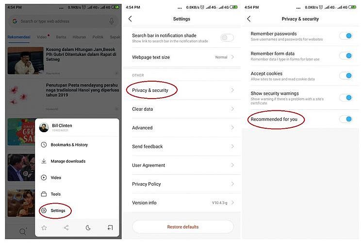 Ilustrasi langkah mematikan fitur rekomendasi Mi Browser